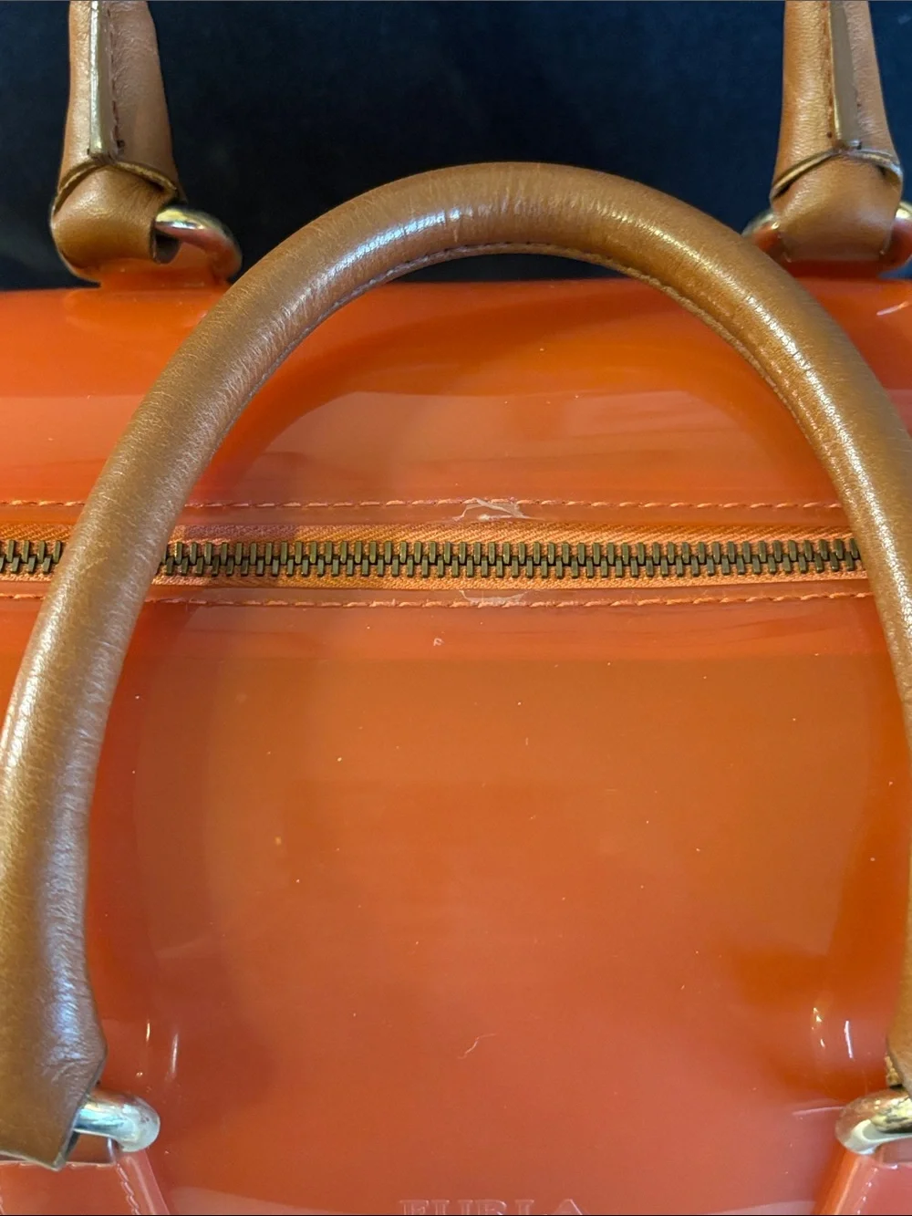Furla Candy Satchel — Orange with Brown Snake-Print Base